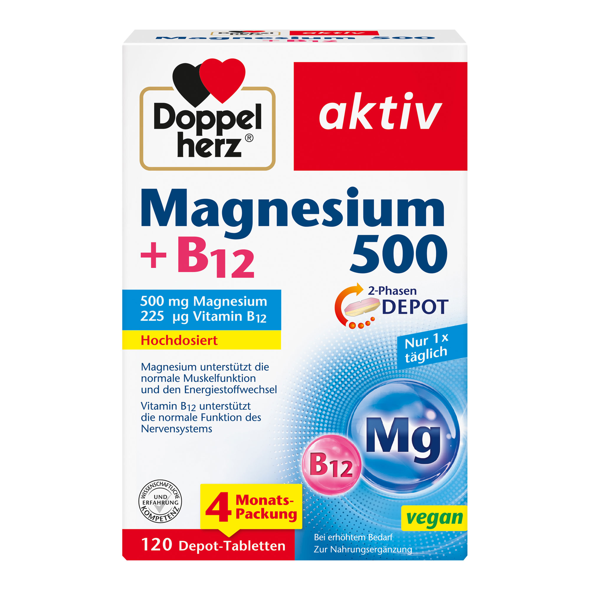 Nahrungsergänzungsmittel mit hochdosiertem Magnesium und Vitamin B12. Vegane 2-Phasen Depot-Tabletten.