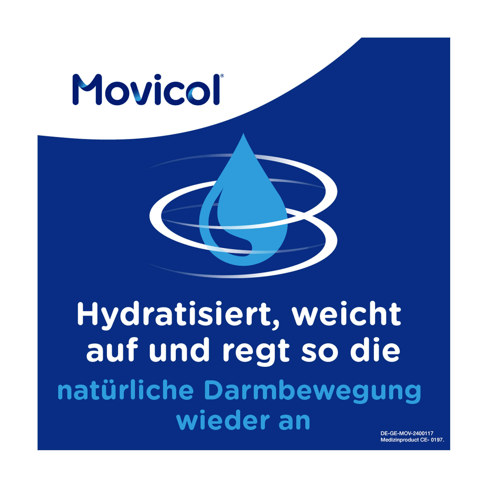 Grafik Movicol trinkfertig Hydratisiert, weicht auf und regt so die natürliche Darmbewegung wieder an