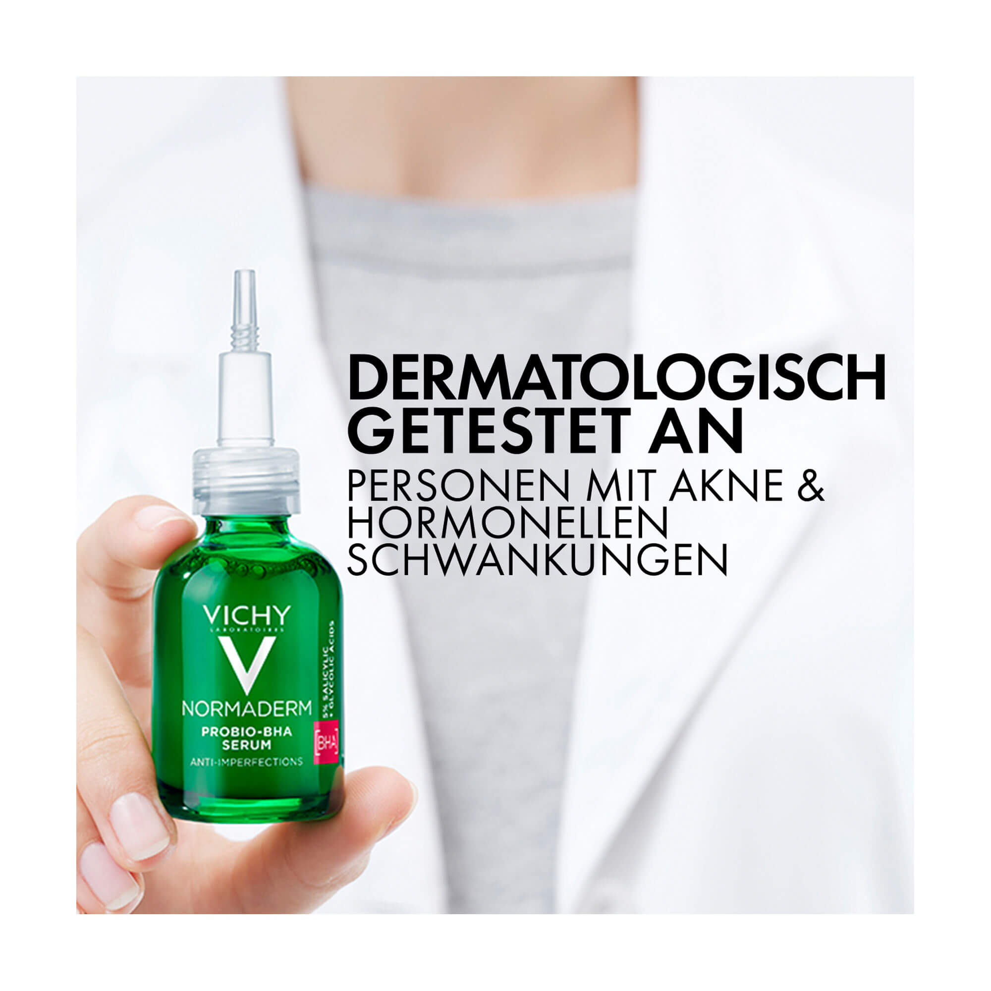 Grafik Vichy Normaderm Probio-BHA Anti-Unreinheiten Serum Dermatologisch getestet an Personen mit Akne und hormonellen Schwankungen